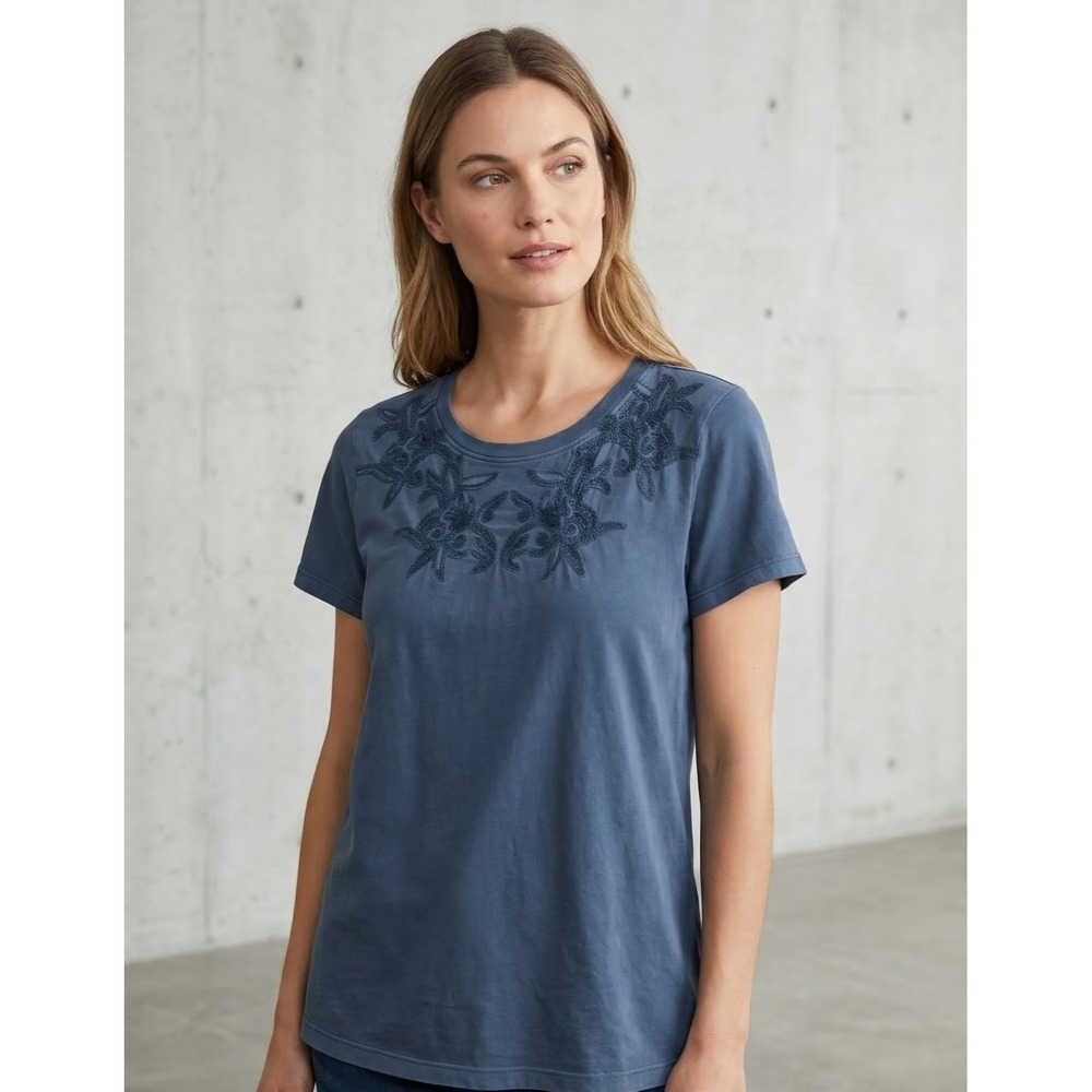 Sundance Boho Embroidered Floral Mesh Neckline Cotton Short Sleeve Tee Blue L